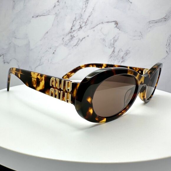 NEW MIU MIU Sunglasses Brown Oval Gold Spelled Out Logo New Authentic Tortoise - Picture 11 of 16